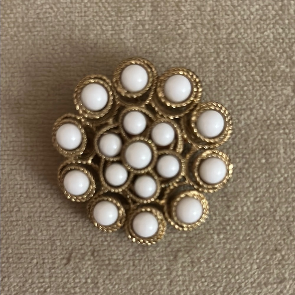 Elegant Gold and White Beaded Brooch